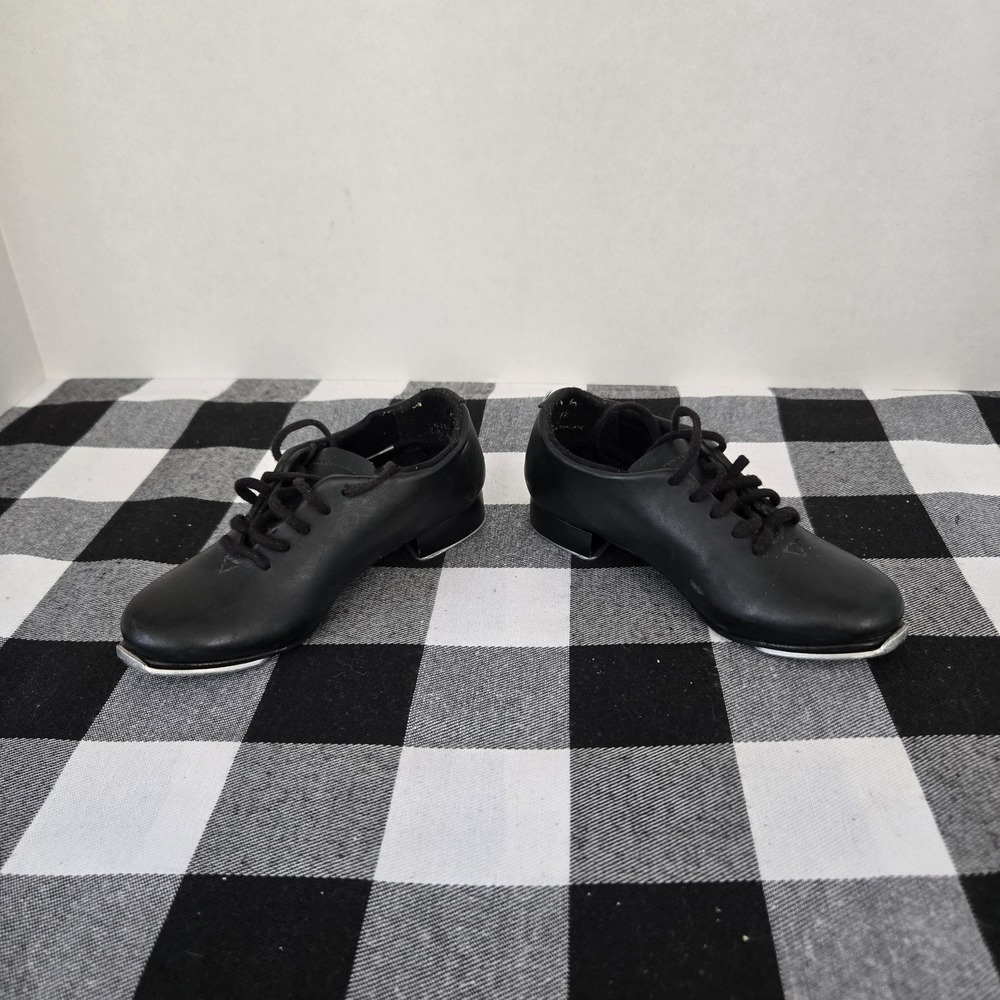 Capezio Downtown Leather Lace Up Girl's Tap Shoes Black Size 8.5 M Wear To Back